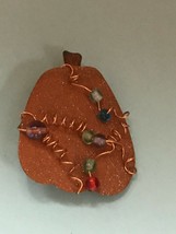 Handmade Thin Rusty Orange Pumpkin w Overlaid Copper Coils &amp; Colorful Beads Pin  - £11.71 GBP
