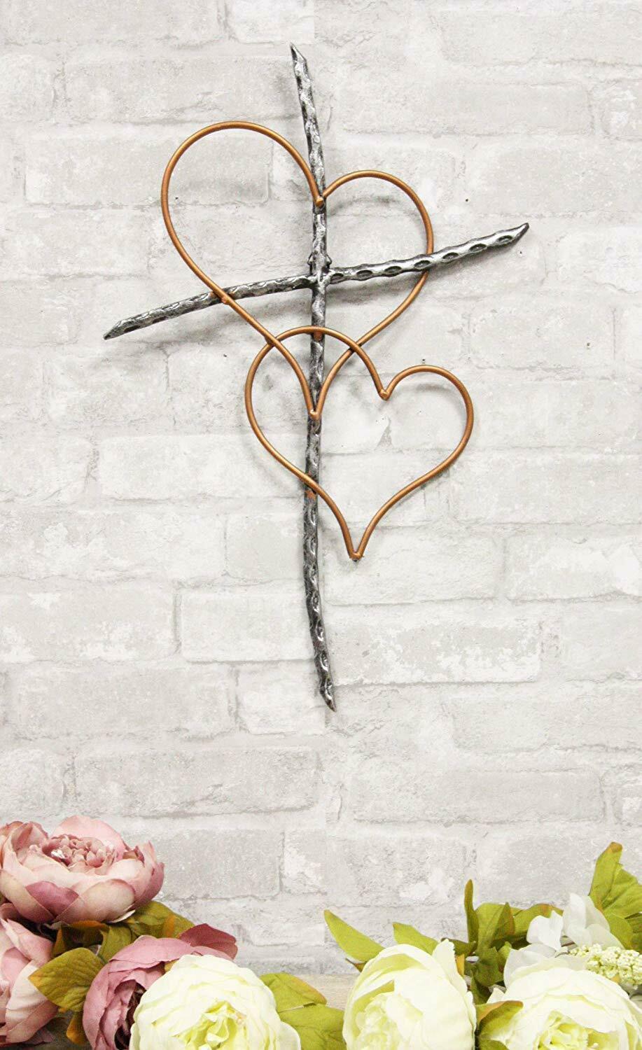 Ebros Metal Silver Rope Wire Sticks & 2 Golden Hearts Of Love Wall Hanging Cross
