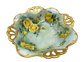 Antique Porcelain Ruffled Footed Bowl Gold Edging Yellow Flowers Floral 11&quot; - $75.00