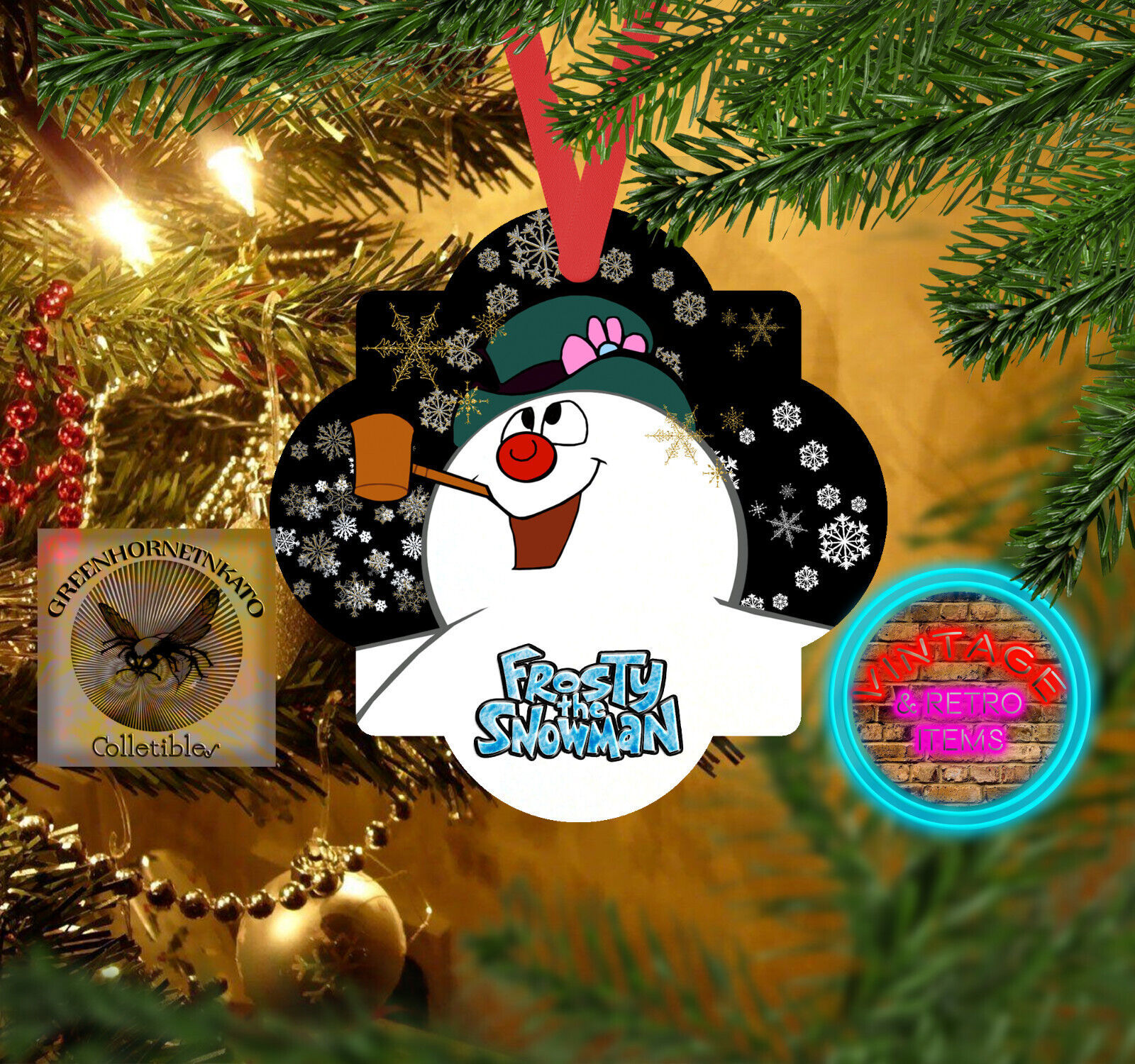 FROSTY THE SNOWMAN Hardboard MDF 3.5" Quatrefoil Shape Ornament with Ribbon