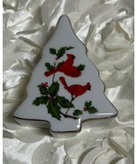 Vintage Lefton Trinket Box Christmas Cardinal Holly Tree Shape Foil Sticker - $7.92