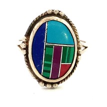 Vintage Sterling Silver Mexico Bezel Multi Gem Oval Dome Rope Ball Border Ring - £39.38 GBP