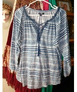 Chaps BoHo Peasant Lace Tie Dye Knit Peasant Top Shirt Blue Stripes Wome... - £9.40 GBP