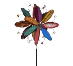 Flower Wind Spinner Stake 84" High Iron Multicolored Layered 3 Pronged Dual Spin image 2