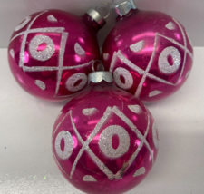 Vintage Lot 3 Pink White Stencil XO 2.5 in Christmas Glass Ball Ornaments USA - £23.67 GBP
