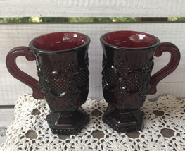 2 Vintage Avon Cape Cod Ruby Red Collector Pedestal Mugs Glass Cups Footed - $24.47