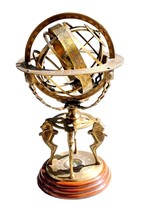 Antique Brass 18&quot; Armillary Globe Sphere Engraved with Compass on Wooden Base - £126.70 GBP