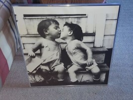 Cute Vintage B&amp;W Photogaph Print Kids Kissing Country Overalls Metal Frame 21x20 - £24.35 GBP