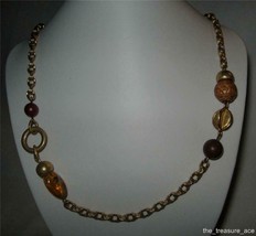 30&quot; Gold Ring Open Link Chain Necklace~Carved Brown Amber Acorn Beaded ~N016 NEW - £10.10 GBP