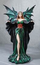 Large Gothic Dragon Fairy Queen In Long Green Robe With Ravens Statue 17&quot;H - £103.88 GBP