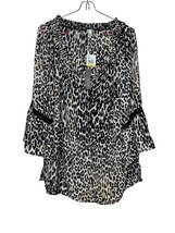 Spense Womens Top Animal Print Ruffle V-Neck Bell Sleeve Sheer Blouse Medium NWT - £18.07 GBP