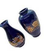 Vtg Mini Vase Lot Cobalt Blue Porcelain Hoho Birds Flowers Gold Trim Asi... - $24.70