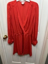 PARKER Coral Faux Wrap Mini Dress Long Sleeves 100% Silk Blouson Top Ora... - $42.06