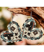 Cowhide Print and Turquoise Heart Drop Earrings - $8.21 CAD