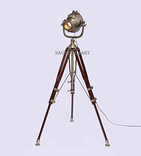 NauticalMart Royal Marine Brass And Wood Tripod Floor Lamp For Living Room