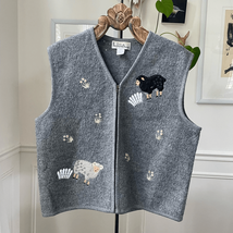 Vintage Boiled Wool Sheep Applique Full Zip Vest Grey XL - $374.97 MXN