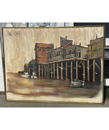 Vintage James Roberts Mid Century MCM Ships at the Pier Oil Painting 50 ... - £276.97 GBP