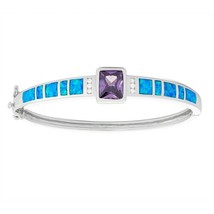 Sterling Silver Blue Inlay Opal with Center Square Amethyst CZ Bangle Bracelet - £231.60 GBP