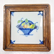 Antique Hand Painted Basket of Fruit Oak Framed Tile will Hang 6.5 inch - $34.16