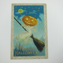 Vintage Halloween Postcard Jack-O-Lantern Pumpkin on Broomstick Gold Embossed - £31.96 GBP