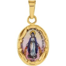 14K Yellow 13x10 mm Oval Hand Painted Porcelain Miraculous Medal Pendant - £78.30 GBP