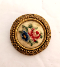 Petite Point Floral Brooch Pin Embroidery Needlepoint Gold Tone Setting Vintage - £18.28 GBP