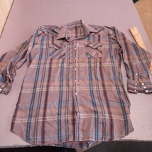 Vintage Panhandle Slim Shirt Men 18 x 34 Mauve Plaid Western Pearl Snap Pressed - £18.25 GBP