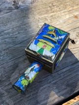 China Enameled Medicine Brass Hinged Tobacco Opium Box  Temple Colorful w Handle - £23.73 GBP