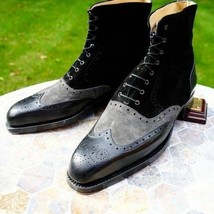 Handmade Men&#39;s Two Tone Cowhide Leather &amp; Suede Wingtip Lace up Ankle High Boots - £116.95 GBP+