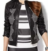 Women’s Black Faux Leather Moto Jacket White Basket Weave Braided Accent... - £15.63 GBP