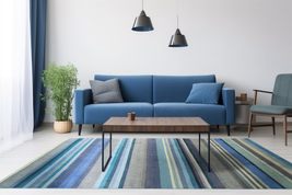 EORC LLC, FM32BL8X10 Hand Knotted Wool Knotted Striped Rug, 8&#39; x 10&#39;, Stripe/Blu - £930.02 GBP