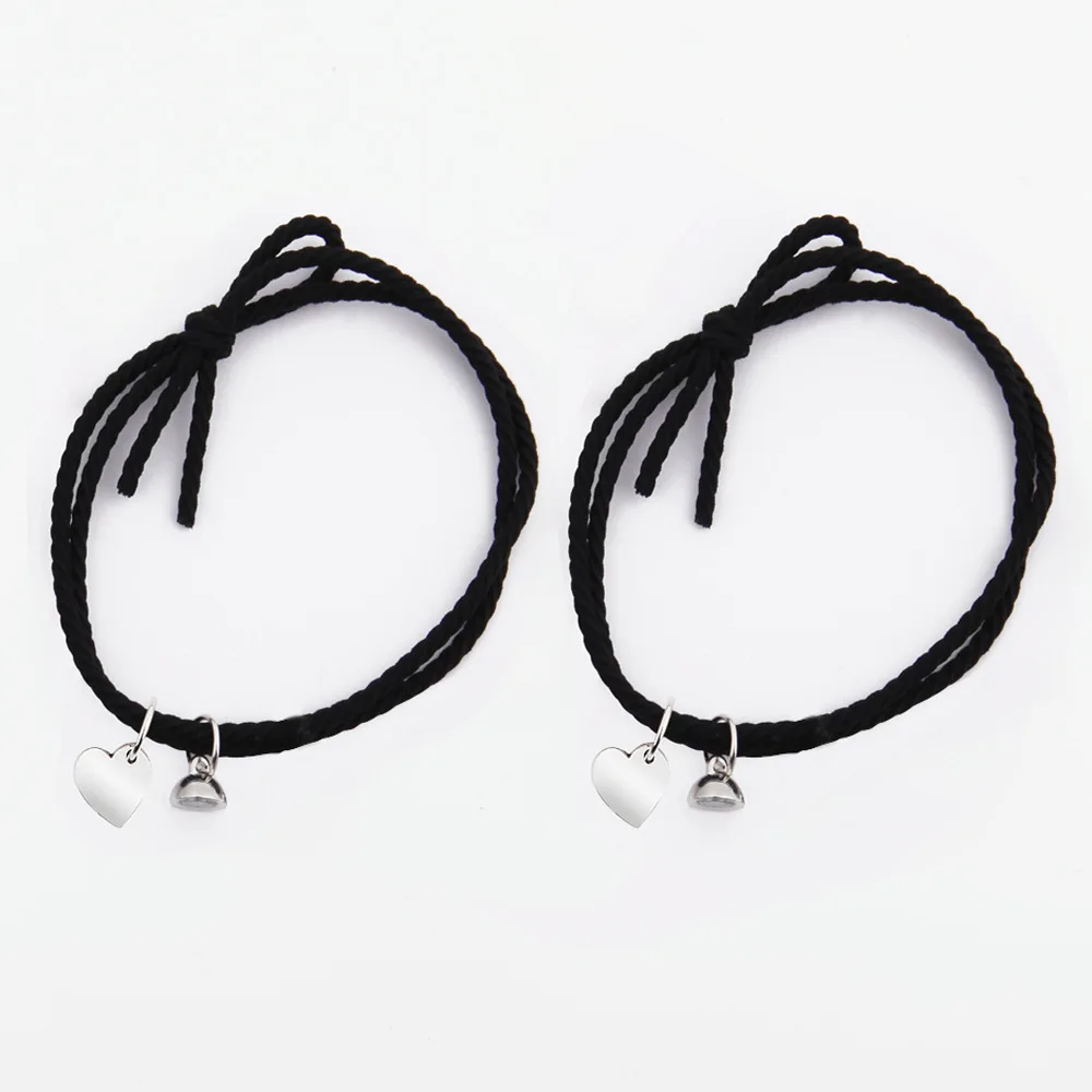1Pair Braid Rope Magnet Bracelet for Lovers Stainless Steel Pendant Heart Couple - £14.61 GBP