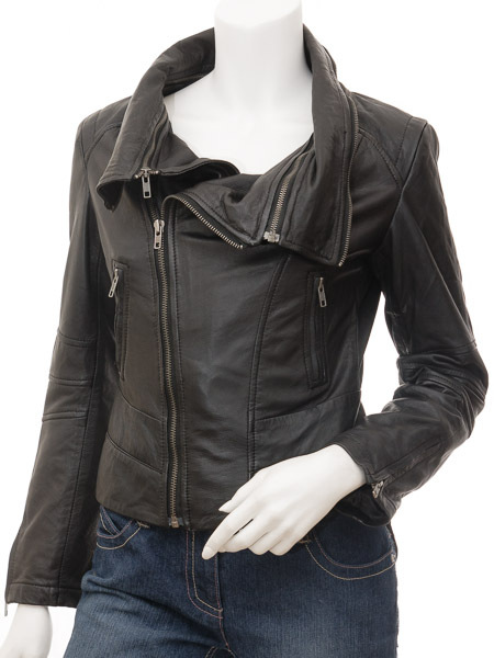 LE Black Leather Jacket For Women With Detachable Collar