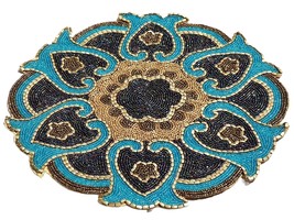 Handcrafted Round Beaded Placemat For Dining Table 14 inches Blue Ran - £40.90 GBP