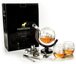 Whiskey Liquor Decanter Globe set + 2 Fine Spirit Etched Glasses w 8 Steel Cubes - £45.25 GBP