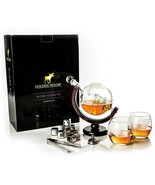 Whiskey Liquor Decanter Globe set + 2 Fine Spirit Etched Glasses w 8 Ste... - £44.58 GBP