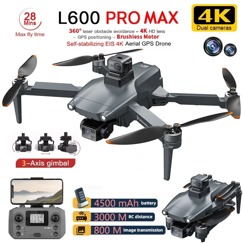 L600 PRO MAX Drone Three-Axis PTZ 4K HD Dual Camera Laser Obstacle Avoid... - £96.59 GBP+