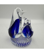 Murano Style Art Glass Penguin Family Cobalt Blue Clear Sculpture 5” - $39.99