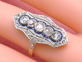 Antique Art Deco 1ctw Diamond &amp; Sapphire Platinum 18K 5-STONE Cocktail Ring 1930 - £2,880.32 GBP