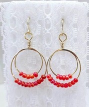 Handcrafted Gold Double Hoop Earrings with Coral Seed Beads - £9.52 GBP