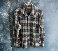 Wrangler Mens Size Large Snap Western Retro Cotton Cowboy Plaid Blue Brown - $22.72