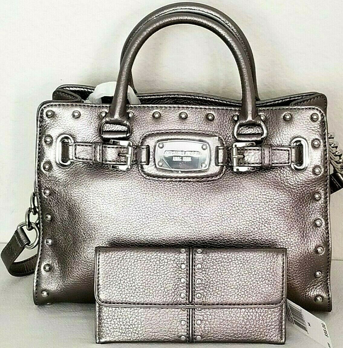 MICHAEL KORS HAMILTON GUNMETAL ROCK &amp; ROLL STUDDED SATCHEL BAG+/OR WALLE... - $85.49+