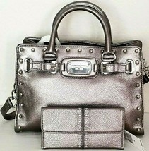 Michael Kors Hamilton Gunmetal Rock &amp; Roll Studded Satchel BAG+/OR Walletnwt - £66.22 GBP+