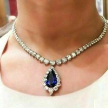18&#39;Estate 25ct Blue Sapphire &amp; Diamond Charm Tennis Necklace 14k White Gold Over - £284.81 GBP