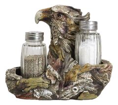 Faux Wooden American Bald Sea Eagle Glass Salt and Pepper Shakers Holder... - $24.99