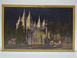 Vintage Linen Postcard, Mormon Temple Illuminated at Night, Salt Lake City, UT - £10.33 GBP