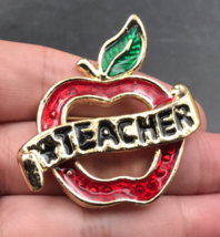 Vintage Teacher Enamel Apple Open Center Gold Tone Brooch Pin 1 3/4&quot; x 2&quot; - £7.50 GBP