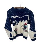 Vintage Woolrich 1990s Woman Skiing Bears Navy Blue White Winter Sweater... - $25.99