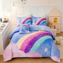 Blue Girls Bedding Set , 6Pcs Colorful Rainbow Kids Comforter Sets, 3D Gradient  - £58.52 GBP