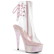 PLEASER Sexy 6&quot; Heel Open Toe Lace Up Back Opal Pink Glitter Clear Ankle Boots - £59.90 GBP